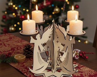 May include: A wooden angel candle holder with four lit, ivory-colored candles. The candle holder features an angel design with cut-out details and is placed on a red patterned table runner. A Christmas tree is visible in the background.