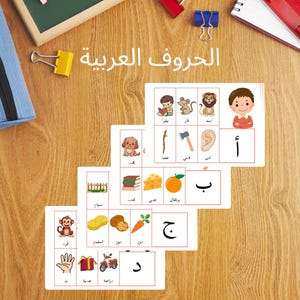 Puede incluir: Un conjunto de tarjetas imprimibles para aprender el alfabeto árabe. Cada tarjeta presenta una letra árabe grande con una ilustración colorida de un objeto que comienza con esa letra. El texto "الحروف العربية" está en la parte superior de la página, que se traduce como "letras árabes".