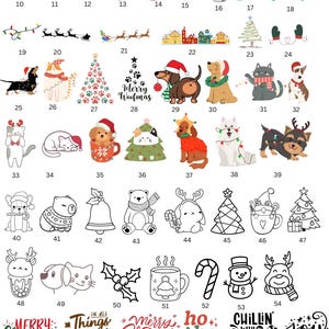 May include: A collection of Christmas-themed illustrations and text. Designs include a snowman in a mug, a Christmas tree, dogs, cats, and festive phrases like "Merry Christmas" and "Dear Santa".
