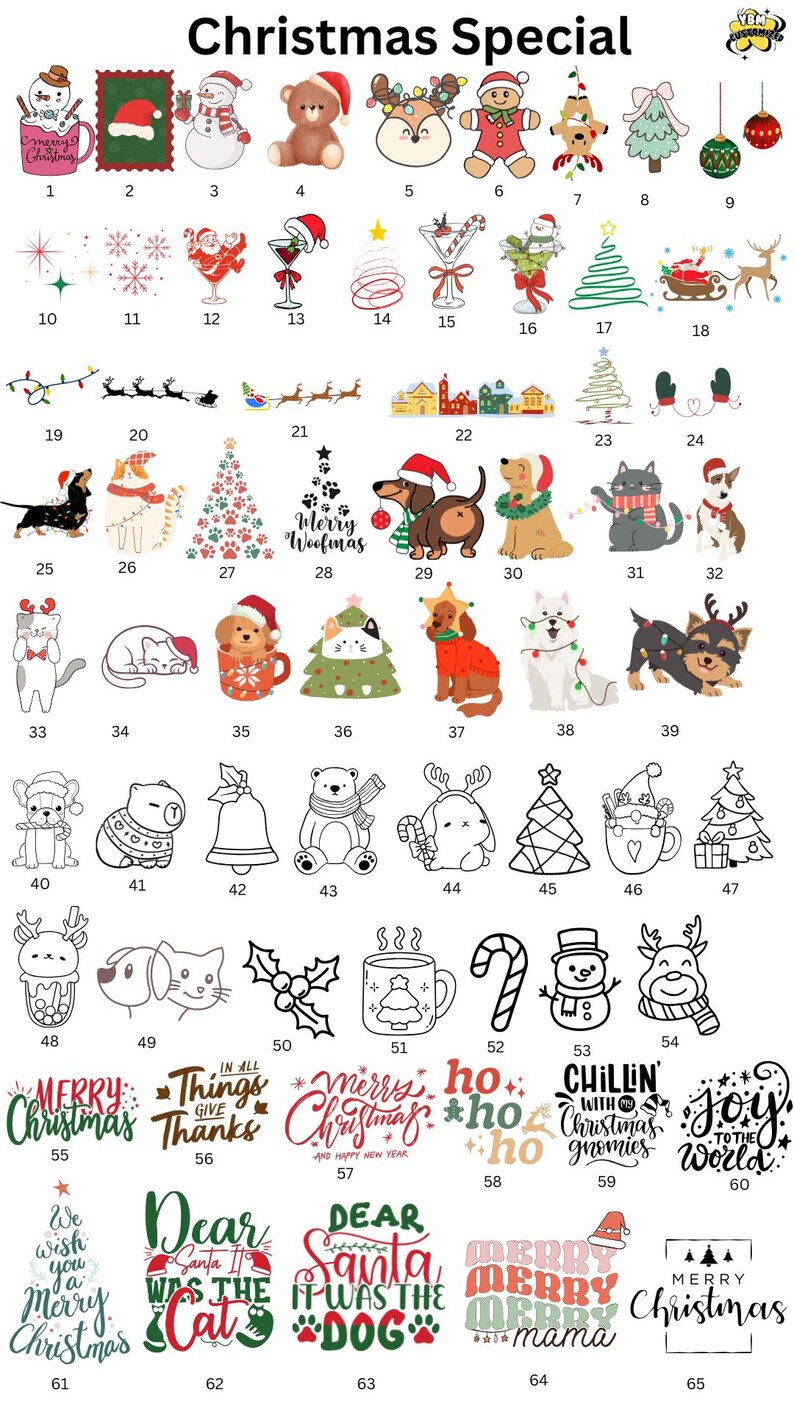 May include: A collection of Christmas-themed illustrations and text. Designs include a snowman in a mug, a Christmas tree, dogs, cats, and festive phrases like "Merry Christmas" and "Dear Santa".