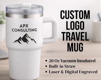 Taza de viaje con logotipo personalizado, vaso térmico de 20 oz con tapa con pajita incorporada, taza personalizada para empresa, regalo corporativo, taza grabada con láser
