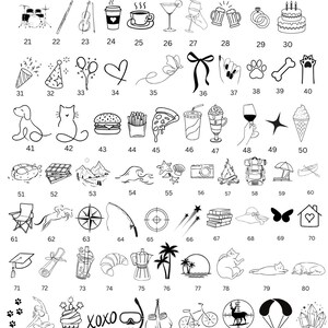 May include: A black and white illustration with various icons, including sports equipment, food items, musical instruments, and zodiac signs. The text "2. Pick a pattern" is at the top.