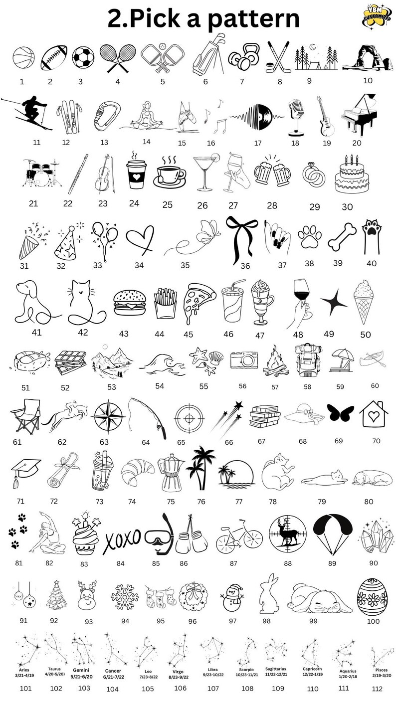 May include: A black and white illustration with various icons, including sports equipment, food items, musical instruments, and zodiac signs. The text "2. Pick a pattern" is at the top.