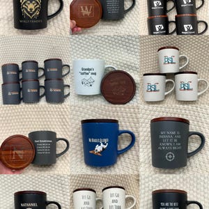 May include: A collection of ceramic mugs with various designs and text. Some mugs are black, white, or blue, with wooden lids. Designs include a wolf, text, and graphic illustrations. The mugs are suitable for beverages.