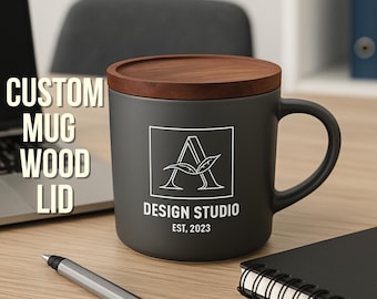 Taza de café personalizada, Taza de regalo personalizada, Taza con logo personalizado, Taza con logo personalizado, Regalo corporativo, Taza de cerámica de 16 oz con tapa de madera, grabada