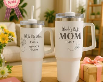 Vaso personalizado con asa y pajita, Día de la Madre, Regalo grabado con láser, Para mamá, abuela, Aniversario, Taza con nombre