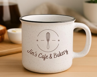 Taza personalizada con diseño moteado para fogata, taza de café personalizada de 444 ml, taza con logo personalizado, taza para acampar, artículo promocional corporativo, regalo para él o para ella.