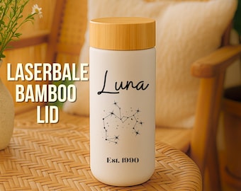 Taza de cerámica personalizada con tapa de bambú – Vaso personalizado de 10 oz