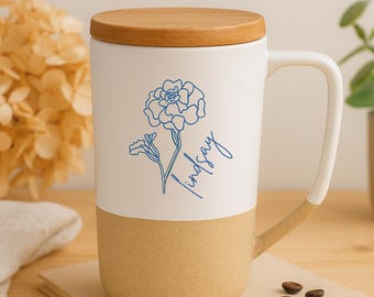 Taza de café con tapa de madera grabada, taza de cerámica personalizada, regalo para ella