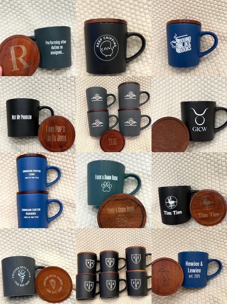 May include: Collection of ceramic mugs in various colors, each with a wooden lid and coaster. Designs include text and graphics like "Keep Chipping", "Bound Like Books", and "Tim Tim".
