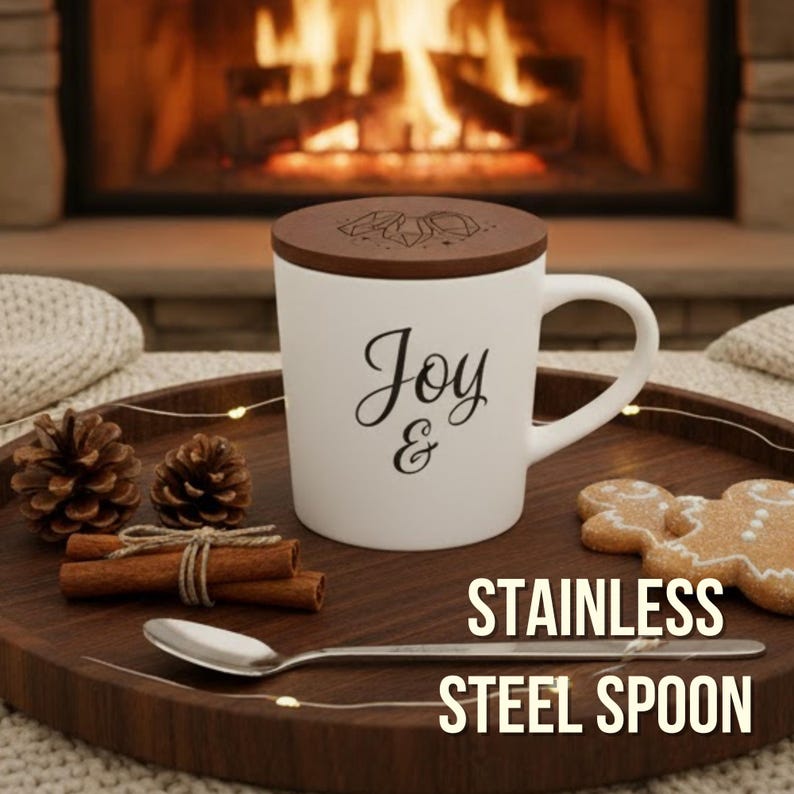 May include: White mug with a brown lid, featuring the word "Joy &" in black script. The mug sits on a wooden tray with a stainless steel spoon, cinnamon sticks, pine cones, and a gingerbread cookie. The text "STAINLESS STEEL SPOON" is below.