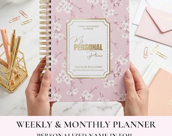 Personalized Pink Cherry Blossom Weekly Monthly Planner | Custom Name Foil Hardcover Spiral | Habit Tracker Gift for Her