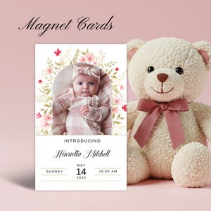 Ímã personalizado para anúncio de nascimento de bebê – Lembrança com foto personalizada e envelope | Presente magnético para recém-nascida em estilo moderno