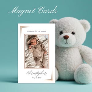 Ímã personalizado para anúncio de nascimento de bebê – Lembrança com foto personalizada e envelope | Presente magnético para recém-nascido em tom neutro moderno