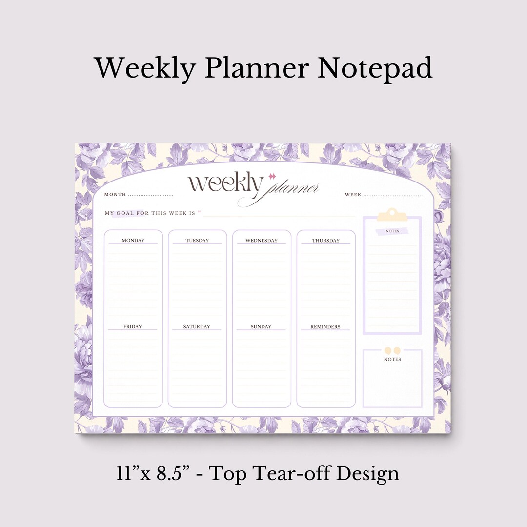 Floral Weekly Planner Notepad | Pastel Purple Yellow Design, Undated ...
