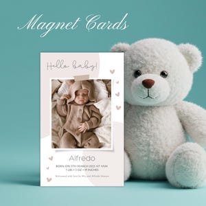Ímã personalizado para anúncio de nascimento de bebê – Lembrança com foto personalizada e envelope | Presente magnético para recém-nascido em tom neutro moderno
