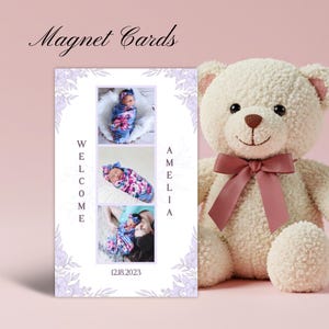 Ímã personalizado para anúncio de nascimento de bebê – Lembrança com foto personalizada e envelope | Presente magnético para recém-nascida em estilo moderno