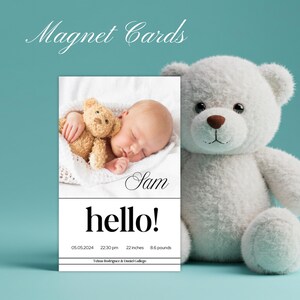 Ímã personalizado para anúncio de nascimento de bebê – Lembrança com foto personalizada e envelope | Presente magnético para recém-nascido em preto e branco moderno
