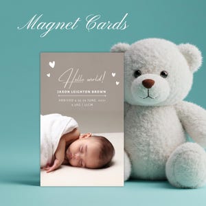 Ímã personalizado para anúncio de nascimento de bebê – Lembrança com foto personalizada e envelope | Presente magnético para recém-nascido em cores neutras modernas