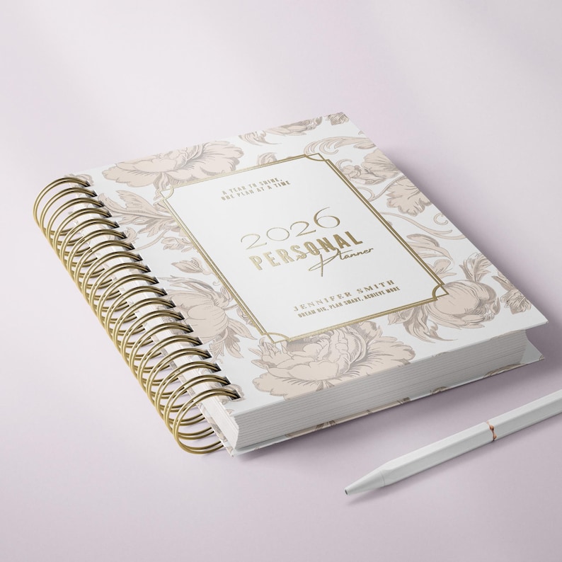 Personalized Tan 2026 Daily Planner, Romantic Lilies Hardcover Planner with Foil Name, Classic Daily Planner image 4