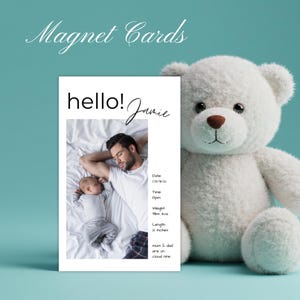 Ímã personalizado para anúncio de nascimento de bebê – Lembrança com foto personalizada e envelope | Presente magnético para recém-nascido em estilo moderno