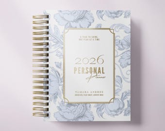Personalized Blue 2026 Daily Planner, Romantic Lilies Hardcover Planner with Foil Name, Elegant Daily Planner