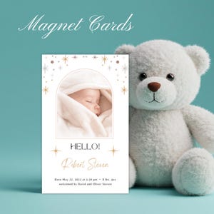 Ímã personalizado para anúncio de nascimento de bebê – Lembrança com foto personalizada e envelope | Presente magnético para recém-nascido em tom neutro moderno