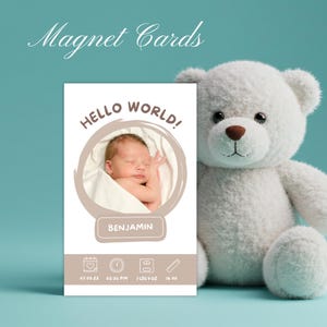 Ímã personalizado para anúncio de nascimento de bebê – Lembrança com foto personalizada e envelope | Presente magnético para recém-nascido em cores neutras modernas