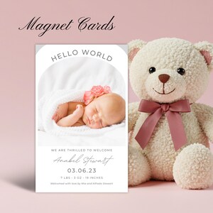Ímã personalizado para anúncio de nascimento de bebê – Lembrança com foto personalizada e envelope | Presente magnético para recém-nascida em estilo moderno