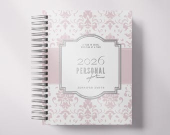 Personalized 2026 Weekly Planner, Pink Damask, Foil Name