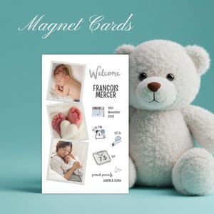 Ímã personalizado para anúncio de nascimento de bebê – Lembrança com foto personalizada e envelope | Presente magnético para recém-nascido em estilo moderno