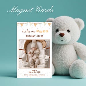 Ímã personalizado para anúncio de nascimento de bebê – Lembrança com foto personalizada e envelope | Presente magnético para recém-nascido em cores neutras
