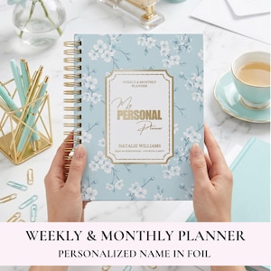 Personalized Teal Cherry Blossom Weekly Monthly Planner | Custom Name Foil Hardcover Spiral | Habit Tracker Gift for Her