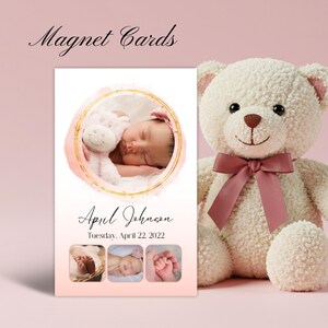 Ímã personalizado para anúncio de nascimento de bebê – Lembrança com foto personalizada e envelope | Presente magnético para recém-nascida em estilo moderno