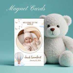 Faire-part de naissance personnalisé - Photo souvenir personnalisée avec enveloppe | Cadeau aimanté pour nouveau-né dans une montgolfière