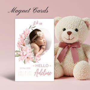 Ímã personalizado para anúncio de nascimento de bebê – Lembrança com foto personalizada e envelope | Presente magnético para recém-nascida em estilo moderno