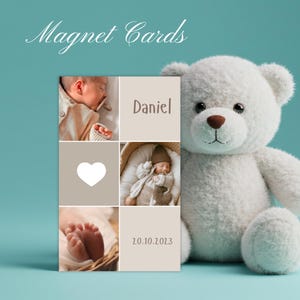 Ímã personalizado para anúncio de nascimento de bebê – Lembrança com foto personalizada e envelope | Presente magnético para recém-nascido em tom neutro moderno