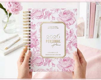 Custom 2026 Planner | Choice of Daily or Weekly Layout | Personalized Name in Foil | 4 Color Choices | Hardcover “Romantic Peonies” Design