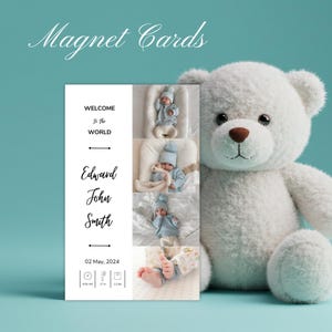 Ímã personalizado para anúncio de nascimento de bebê – Lembrança com foto personalizada e envelope | Presente magnético para recém-nascido em estilo moderno