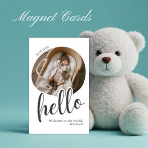 Ímã personalizado para anúncio de nascimento de bebê – Lembrança com foto personalizada e envelope | Presente magnético para recém-nascido em estilo moderno