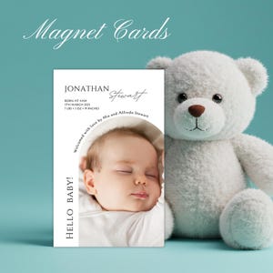 Ímã personalizado para anúncio de nascimento de bebê – Lembrança com foto personalizada e envelope | Presente magnético para recém-nascido em estilo moderno