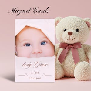 Ímã personalizado para anúncio de nascimento de bebê – Lembrança com foto personalizada e envelope | Presente magnético para recém-nascida em estilo moderno