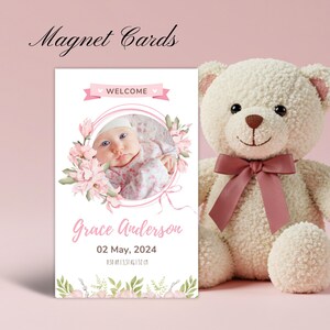 Ímã personalizado para anúncio de nascimento de bebê – Lembrança com foto personalizada e envelope | Presente magnético para recém-nascida em estilo tradicional