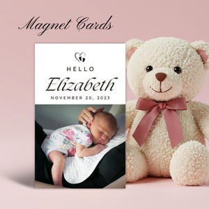 Ímã personalizado para anúncio de nascimento de bebê – Lembrança com foto personalizada e envelope | Presente magnético para recém-nascida em estilo moderno