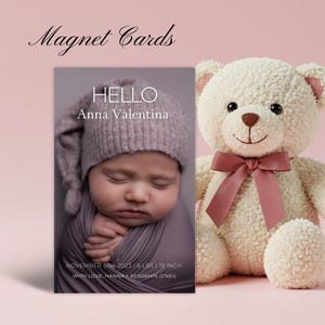 Ímã personalizado para anúncio de nascimento de bebê – Lembrança com foto personalizada e envelope | Presente magnético para recém-nascida em estilo moderno