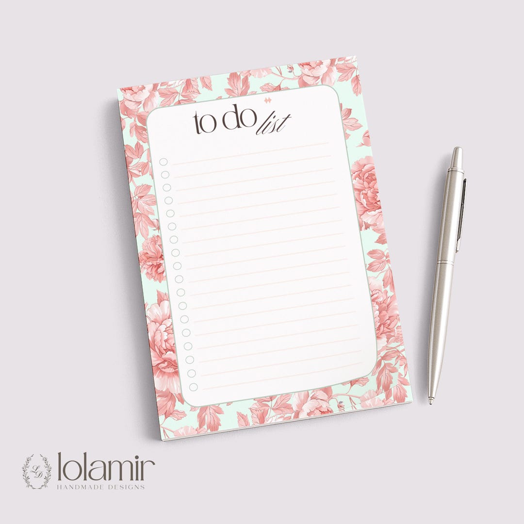 Floral to Do List Notepad | Peach Flowers, Pastel Green Checklist Pad ...