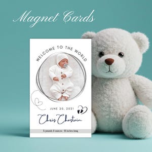 Ímã personalizado para anúncio de nascimento de bebê – Lembrança com foto personalizada e envelope | Presente magnético para recém-nascido em estilo moderno