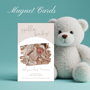 Ímã personalizado para anúncio de nascimento de bebê – Lembrança com foto personalizada e envelope | Presente magnético para recém-nascido em tom neutro moderno