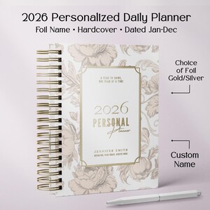 Personalized Tan 2026 Daily Planner, Romantic Lilies Hardcover Planner with Foil Name, Classic Daily Planner image 1