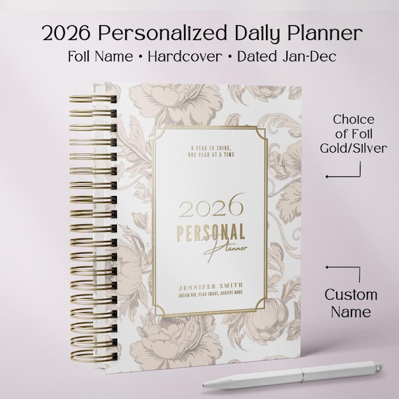 Personalized Tan 2026 Daily Planner, Romantic Lilies Hardcover Planner with Foil Name, Classic Daily Planner